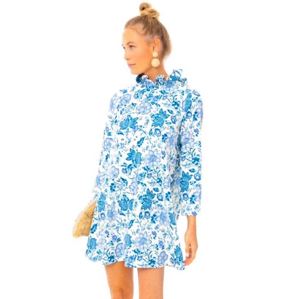 Tuckernuck Blue and White Floral Ruffle-Neck Shift Dress
